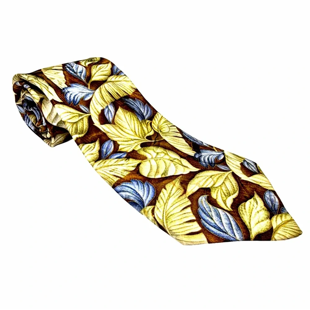 Bijan Tie | Made in Italy | Botanical Leaf Print | Brown Gold Blue | Lux Necktie - Picture 6 of 9